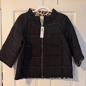 Chico's Black Puffer Jacket with Leopard Print